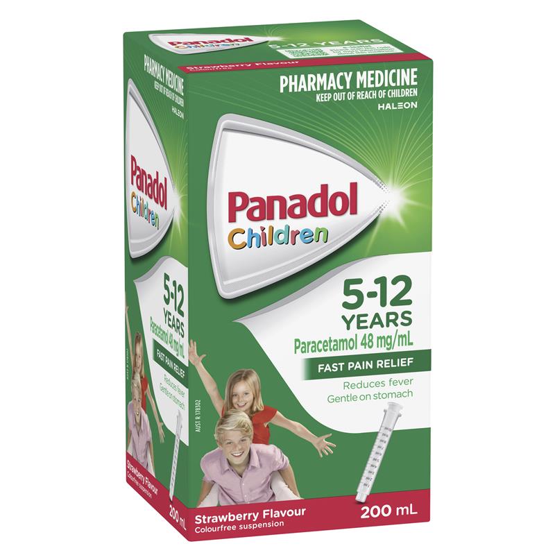 Panadol Children 5-12 Years Suspension Fever & Pain Relief Strawberry Flavour 200mL